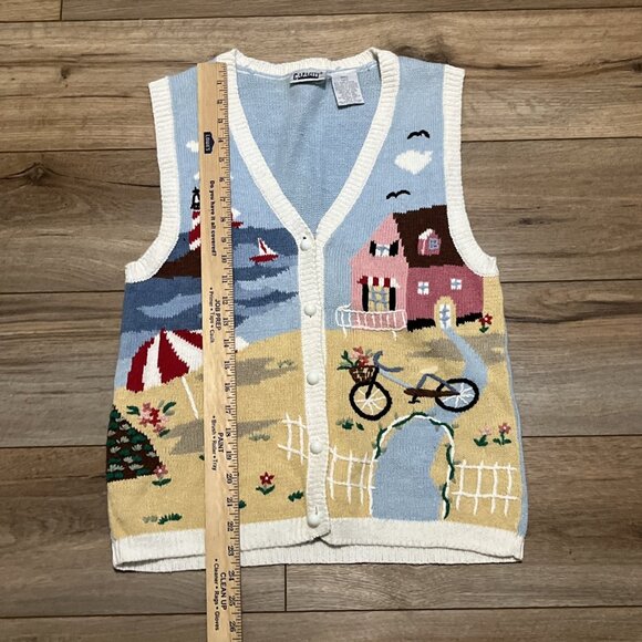 Capacity Beach Sweater Vest SZ Small Button Up Lighthouse Summer Cottage - Picture 2 of 10